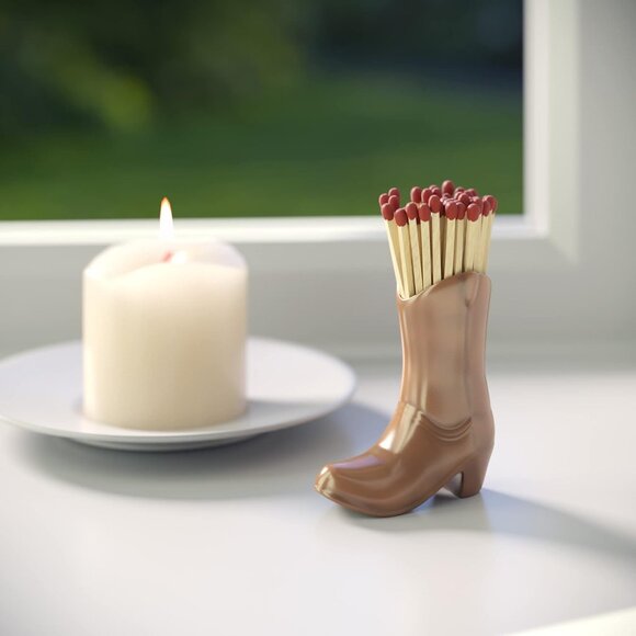 NEW Ceramic Cowboy Boots w Matches Holder Ceramic Box Striker Pink Tan Smokers - Picture 5 of 14